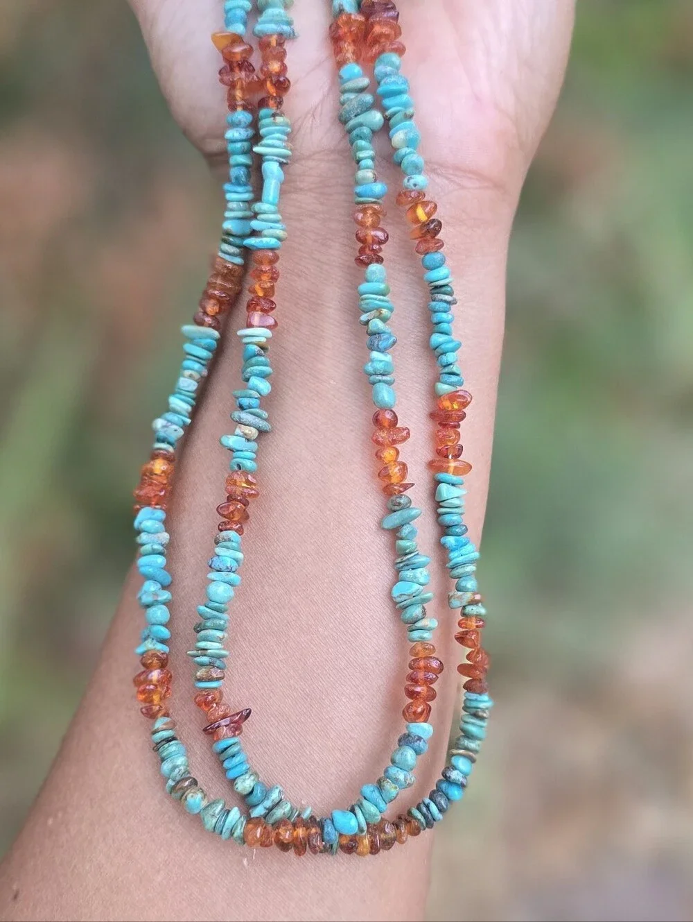 Southwestern double strand turquoise and amber 925 sterling silver necklace